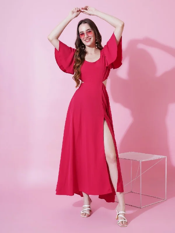 Jyoti Fashion Women's Pink Crepe Waist Cut Flared Western Dress
