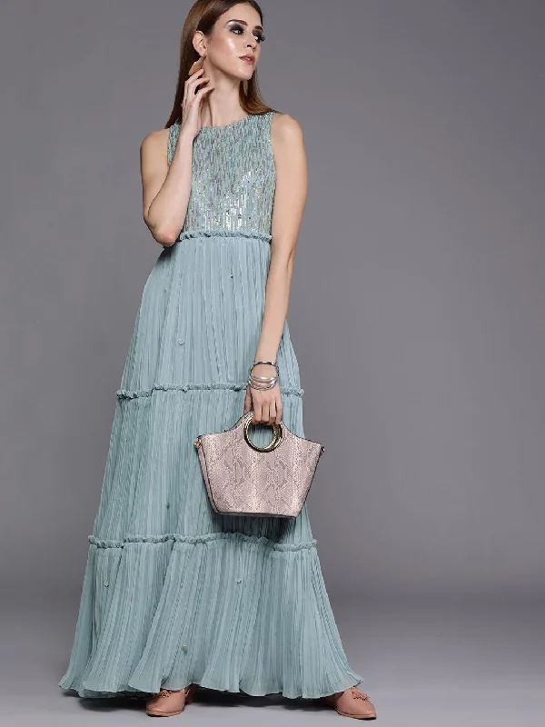 Inddus Women Blue Sequin Embroidered Yoke with Accordion Pleated Tiered Dress