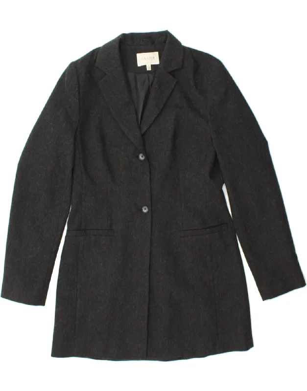 SASHA Womens Longline 2 Button Blazer Jacket UK 10 Small Grey Wool Stand-Up Collar Roll-Neck Collar Turtle Neck