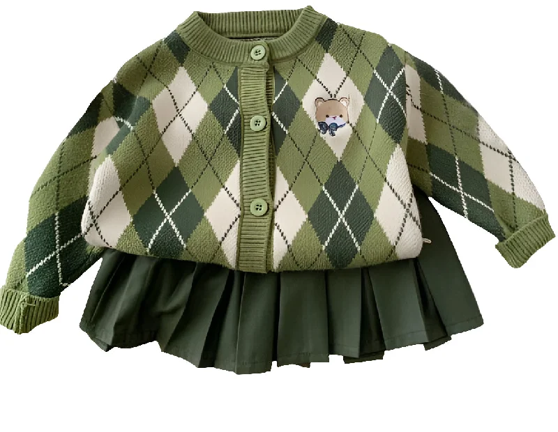 Family Matching Siblings Children's Clothing Green Sweater Wool Fabric Cashmere Fabric Tweed Fabric