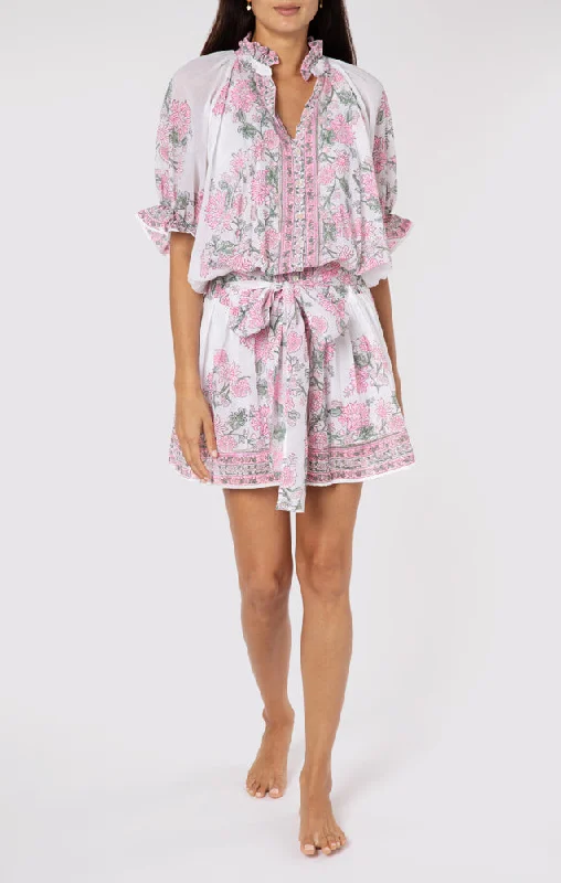 Blouson Dress In Rose Border Block Print With Slip White/Lipstick