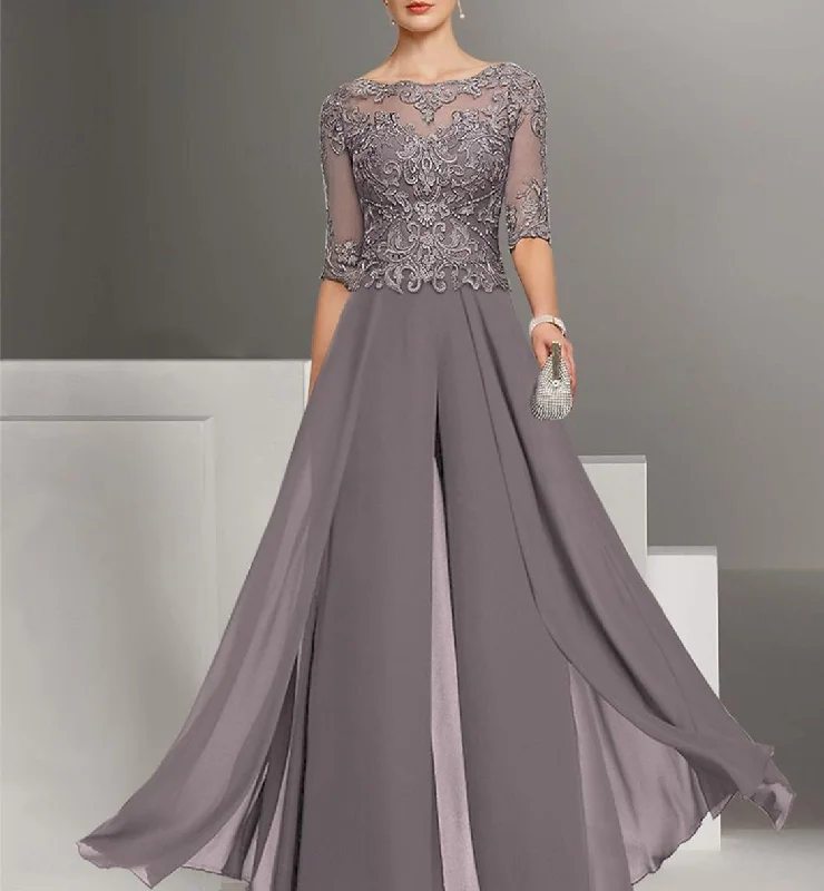 Chiffon Jewel Neck Half Sleeves Ankle-Length Mother of the Bride Pantsuits with Lace Relaxed High-Waist Trousers
