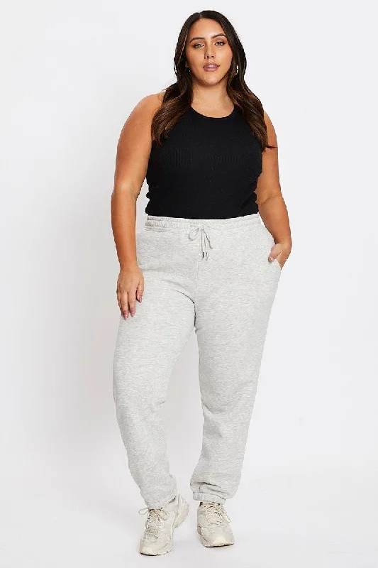 Grey Elastic Waist Track Pants Trendy Tapered Pants