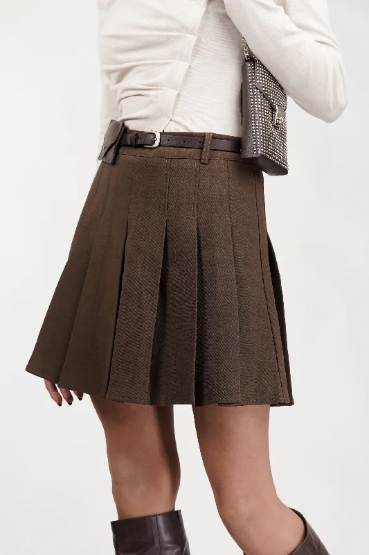 Brown Belted Skater Skirt silk skirt sleek