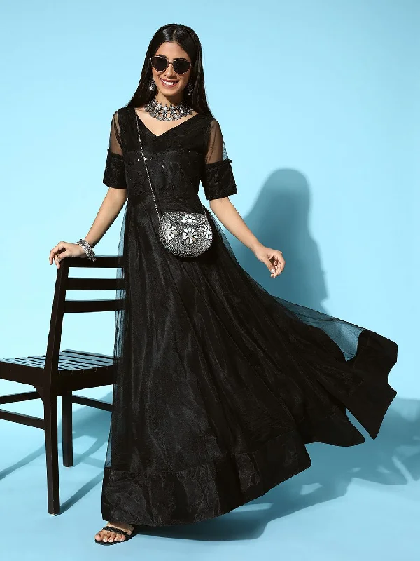 Inddus Women Classic Black Ethnic Motifs Swirling Volume Dress