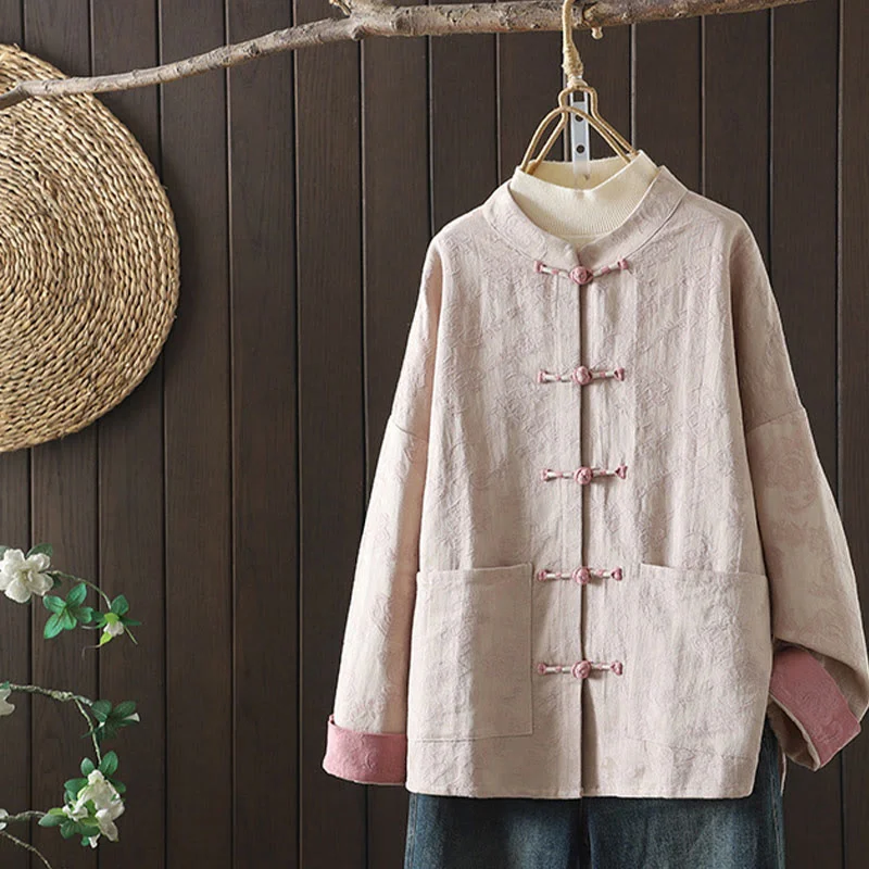 Buddha Stones Solid Color Casual Frog-button Ruffle Collar Cotton Linen Women's Jacket Shirts Clothing Zip Front Button Front Snap Front