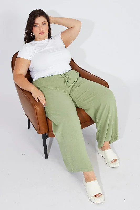 Green Wideleg Pants Paperbag Elastic Waist Linen Blend Classic Cropped Pants