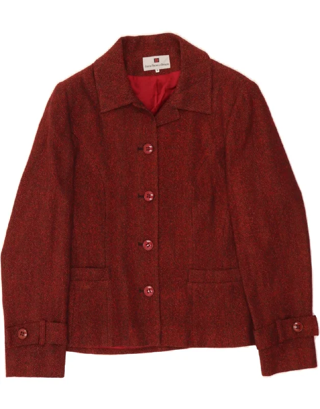 VINTAGE Womens 4 Button Blazer Jacket UK 14 Large Red Herringbone Zippered Front Buttoned Front Snap Front