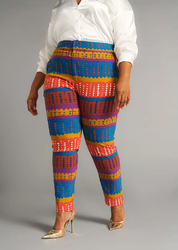 Talia Women's African Print Stretch Pants (Orange Teal Adire) - Clearance Trendy Wide-Legged Trousers Talia Women's African Print Stretch Pants (Orange Teal Adire) - Clearance Trendy Wide-Legged Trousers