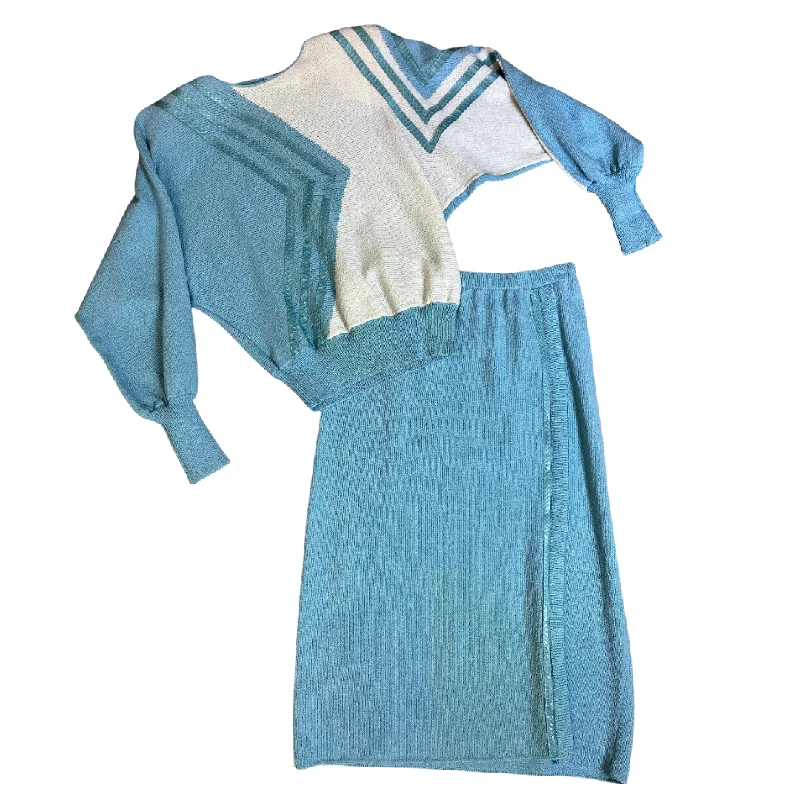 1980s Blue and White Color-Block Abstract Sweater Set by Lillie Rubin Cashmere Blend Cotton Blend Poly Blend