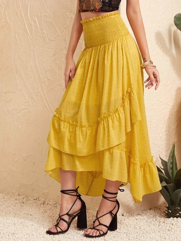 Ruffle Trim Shirred Waistband Swiss Dot Asymmetrical Skirt belted skirt waist