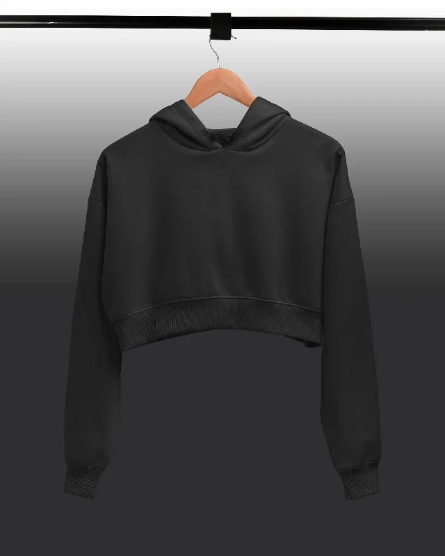 Drop Shoulder Crop Hoodie: Jett Black Hoodie with Belted Waist Structured Tailored