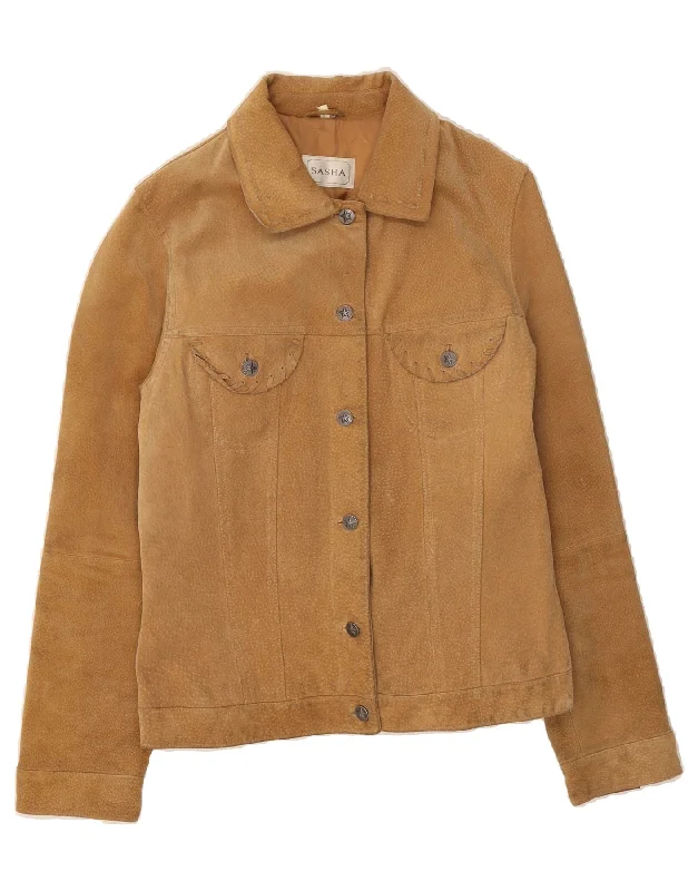 SASHA Womens Suede Jacket UK 12 Medium  Brown Suede Satin Jacket Silk Jacket Chiffon Jacket