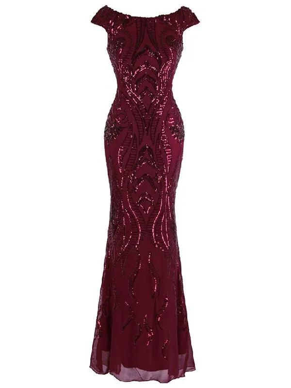 Women's Vintage Mermaid Hem Evening Dresses Sequin Cap Sleeve V Neck Back Wedding Party The Mother Of Bride Gown