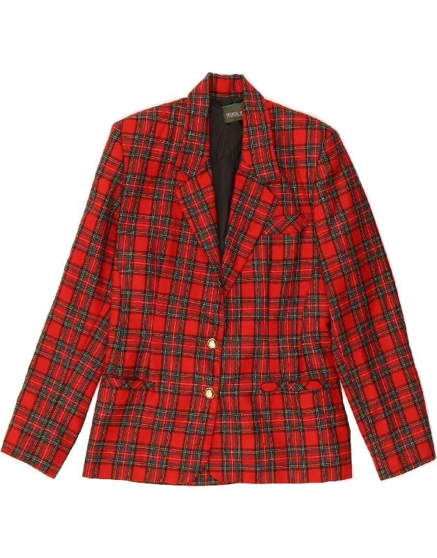 VINTAGE Womens Longline 2 Button Blazer Jacket IT 42 Medium Red Plaid Wool Mesh Jacket Canvas Jacket Denim Jacket