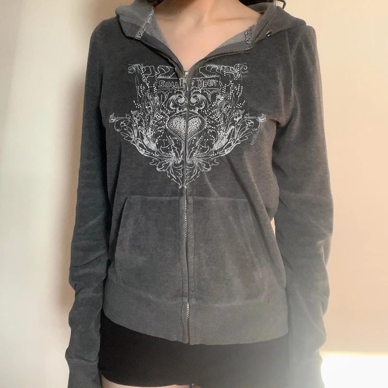 TAVIMART  -  Y2K Graphic Print Zipper Jacket with Hooded Vintage Aesthetic Gray 2000s Women Coat Knitted Outwear Autumn Outfits Jacket Blazer Coat