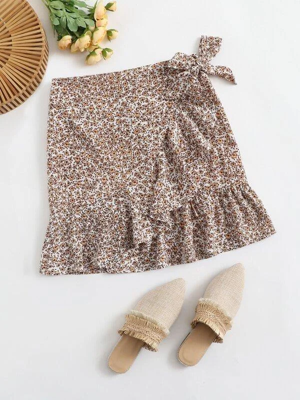 Ditsy Floral Print Ruffle Hem Knotted Skirt cashmere skirt rich