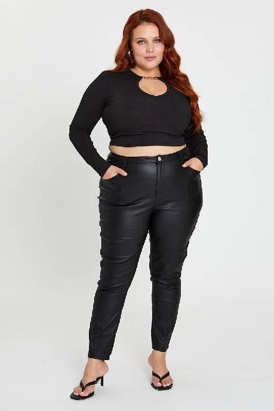 Black Skinny Pants High Rise Wet Look Comfortable Cargo Pants
