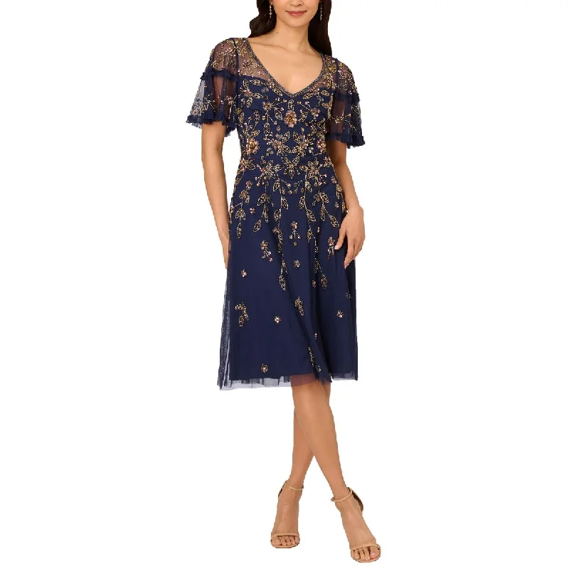 Womens Ruffle Trim Floral Evening Dress