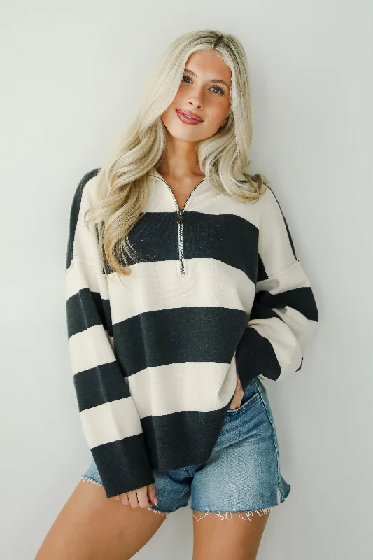 Open Book Cream Striped Collared Sweater Front Pockets Side Pockets Patch Pockets