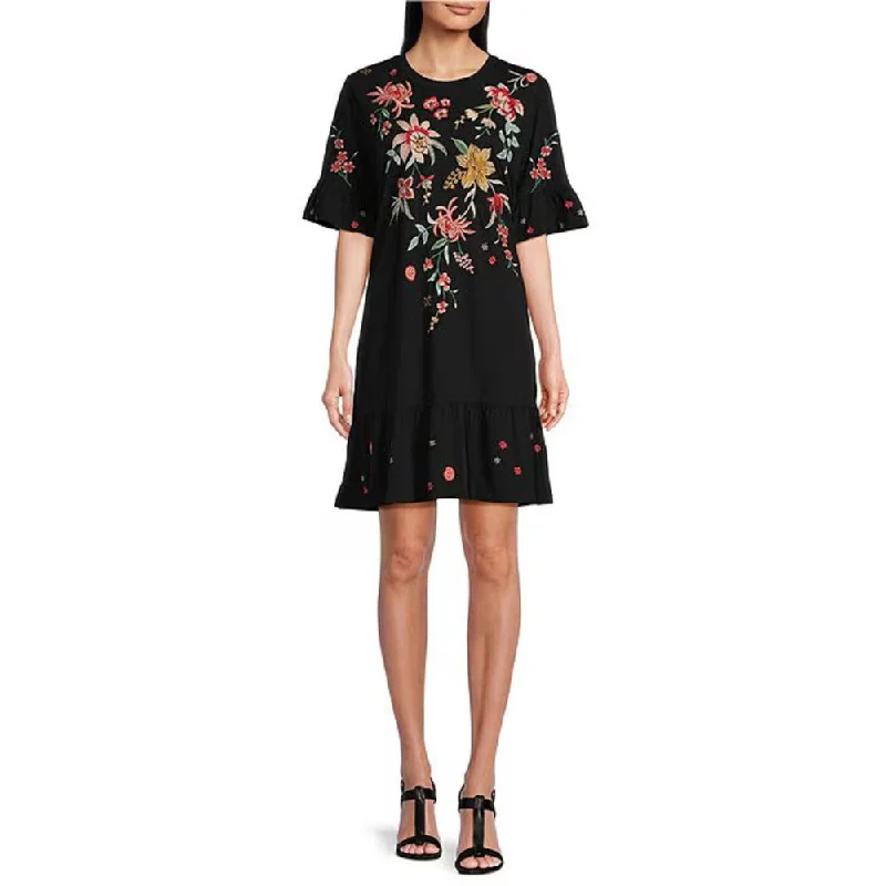Jonny Was Women's Andrean Placement Floral Embroidery Knit Jersey Round Neck Short Sleeve Shift Dress
