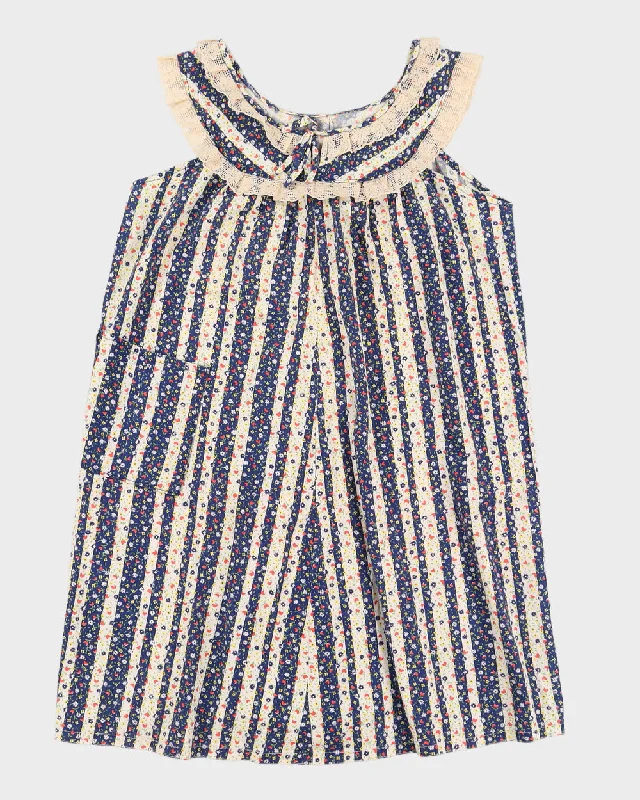 Vintage Floral Handmade Striped Cotton Dress - M