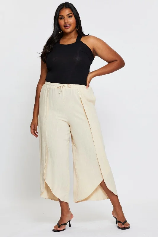 Beige Wide Leg Pants High Rise Elastic Waist Front Split Trendy Printed Pants
