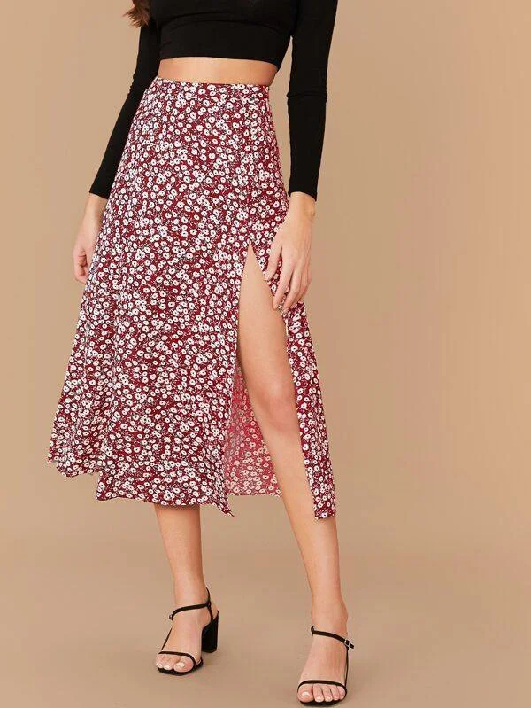 Split Thigh Ditsy Floral Print Skirt cashmere skirt soft