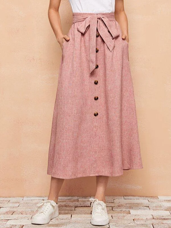 Button Front Slant Pocket Linen Look Skirt seamless skirt comfort
