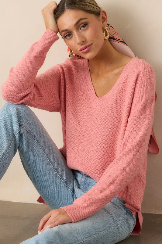 Cozy Afternoon Rose Pink V-Neck Sweater Modern Contemporary Chic