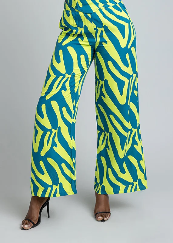 Sika Women's African Print Wide Leg Pants (Lime Zebra Abstract) High-Waist Jeans