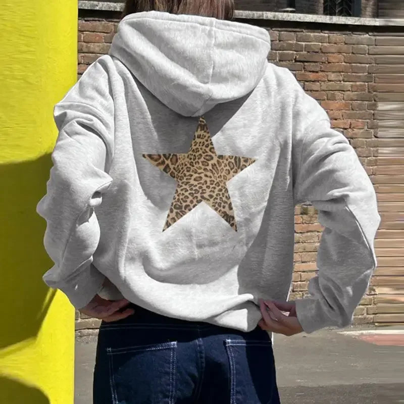 Advbridge Leopard five-pointed star graphic print oversized long-sleeved hoodies women American Y2K sexy nightclub rock casual sweatshirts Hoodie with Applique Textured Unique