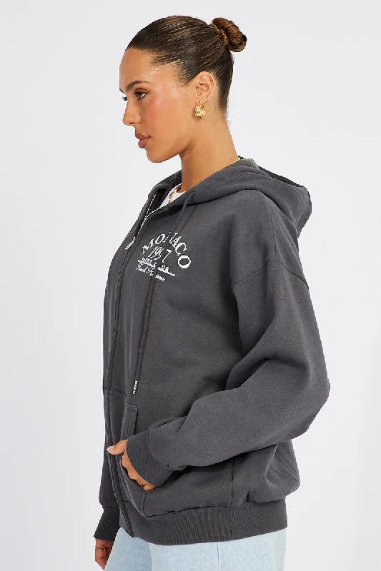 Grey Zip Hoodie Long Sleeve Graphic Print Hoodie with Lining Warm Insulated