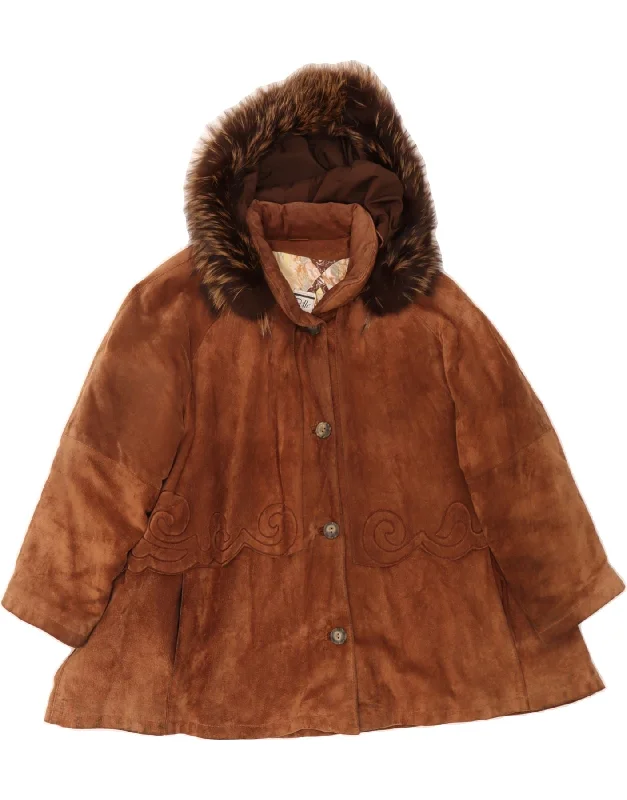 VINTAGE Womens Oversized Hooded Suede Jacket IT 46 Large Brown Leather Jersey Jacket Tulle Jacket Batik Jacket