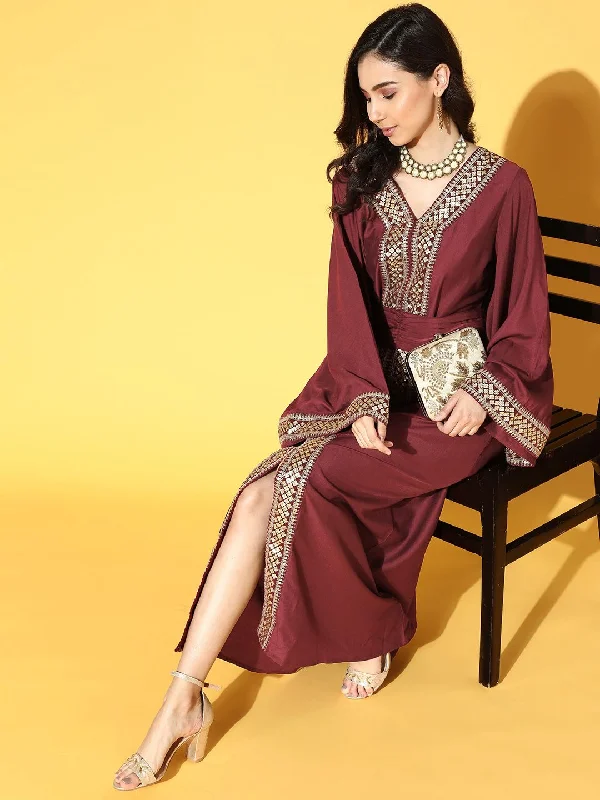 Inddus Women Maroon Ethnic Motif Embroidered Dress with Belt