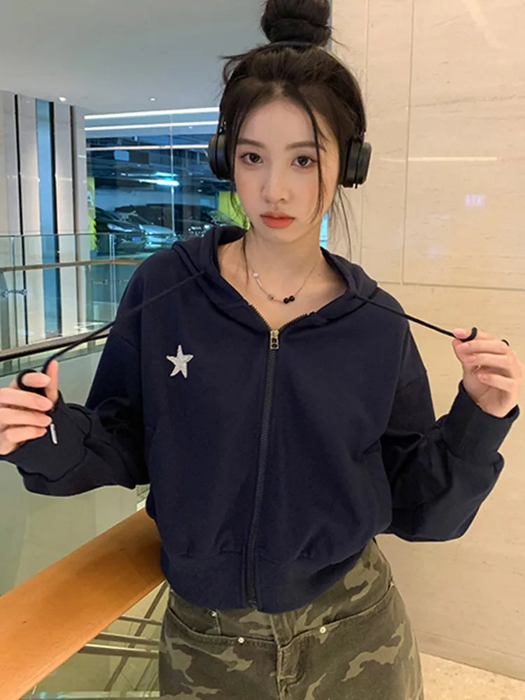 Advbridge Harajuku Hoodie Women Retro Print Star Cute Hoodies Cropped Y2k Vintage Sweatshirts Euphoria Autumn Winter Streetwear Hoodie with Contrast Stitching Detailed Premium