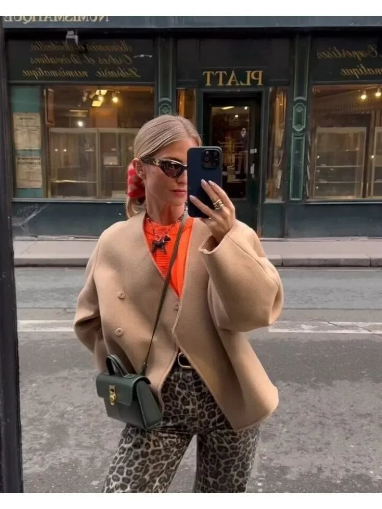 TAVIMART  -  Women V-neck Khaki Thicken Wool Jacket Autumn Winter Chic Loose Blend Coat Female Streetwear Warm Outfit Coats for Women Faux Fur Jacket Real Fur Jacket Shearling Jacket