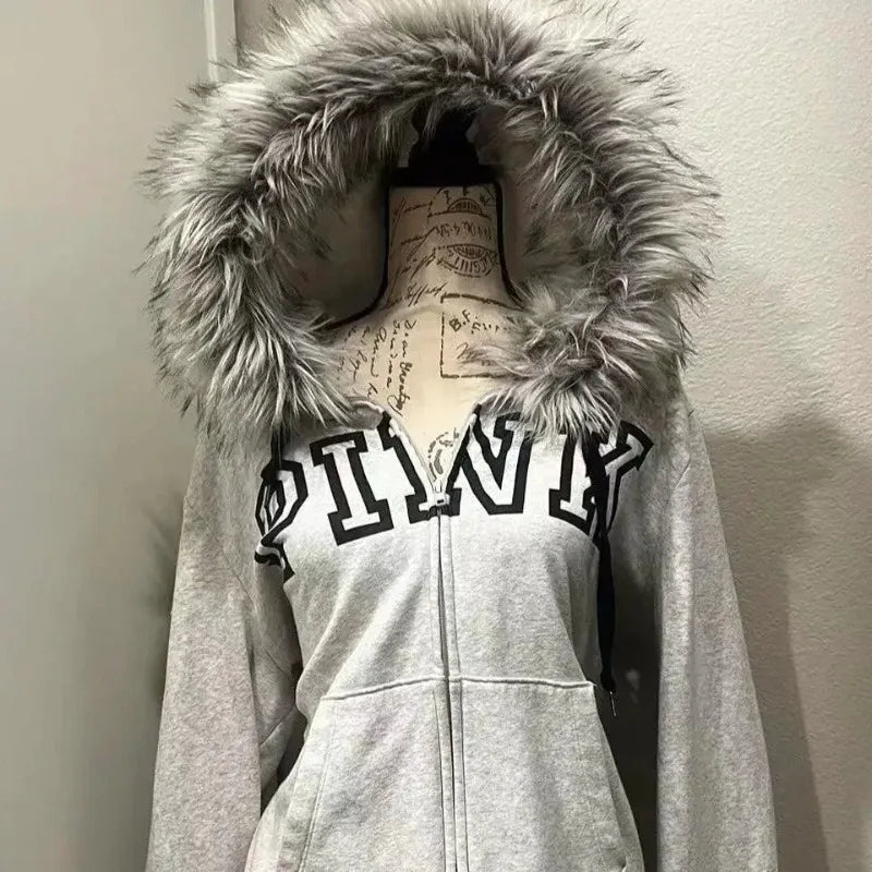 Advbridge Retro Fur Collar Letter Print Gray Zipper Hoodie Women Autumn Winter Streetwear Loose Casual Everyday Harajuku Street Y2K Tops Hoodie with Full-Zip Functional Layering Advbridge Retro Fur Collar Letter Print Gray Zipper Hoodie Women Autumn Winter Streetwear Loose Casual Everyday Harajuku Street Y2K Tops Hoodie with Full-Zip Functional Layering