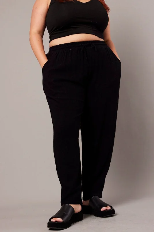 Black Tapered Pants Elasticated Waist Cropped Classic Chino Pants