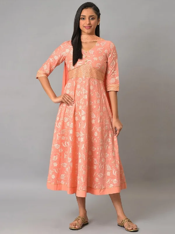 AURELIA Floral Print Sequinned A-Line Pure Cotton Midi Ethnic Dress With Dupatta