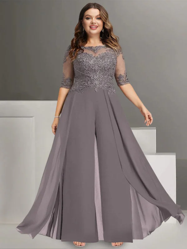Chiffon Jewel Neck Half Sleeves Ankle-Length Plus Size Mother of the Bride Pantsuits with Lace Stylish Harem Pants Chiffon Jewel Neck Half Sleeves Ankle-Length Plus Size Mother of the Bride Pantsuits with Lace Stylish Harem Pants