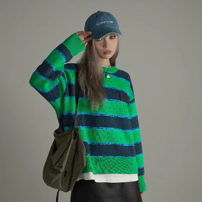 Big Stripes Long-Sleeves Knit Sweater Graphic Sweater Embroidered Appliqued