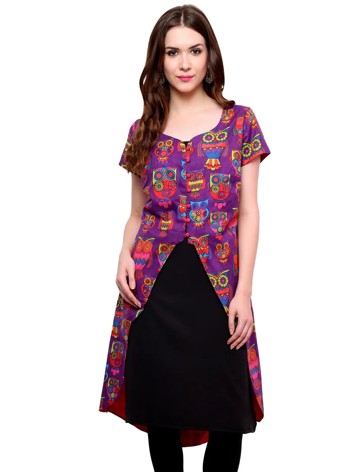 Pannkh Women's Owl Print Asymmetric Jacket Kurti-PK1129PURPLE-S Cotton Jacket Linen Jacket Terry Jacket
