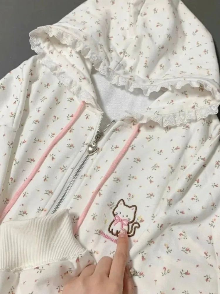Advbridge Kawaii Sweet Harajuku Hoodie Women Japanese Fashion Lace Patchwork Floral Print Cat Embroidery Zipper Hooded Sweatshirt Hoodie with Hem Lace Feminine Delicate Advbridge Kawaii Sweet Harajuku Hoodie Women Japanese Fashion Lace Patchwork Floral Print Cat Embroidery Zipper Hooded Sweatshirt Hoodie with Hem Lace Feminine Delicate