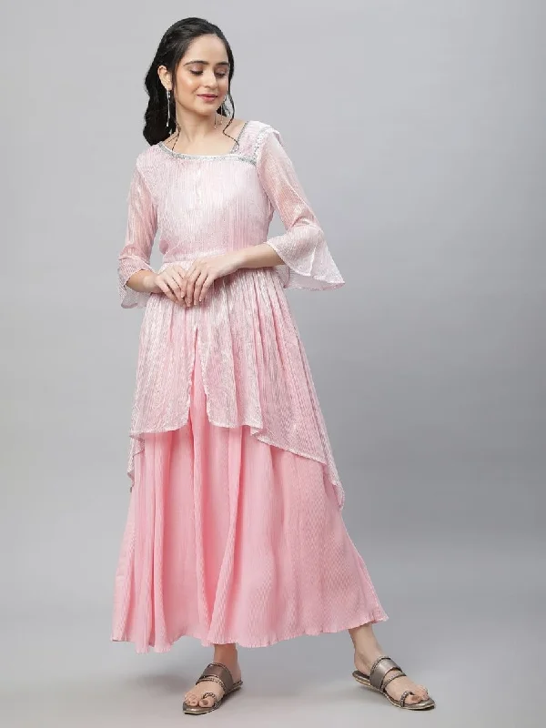 AURELIA Asymmetric Neck Bell Sleeve Layered Fit & Flare Maxi Ethnic Dress