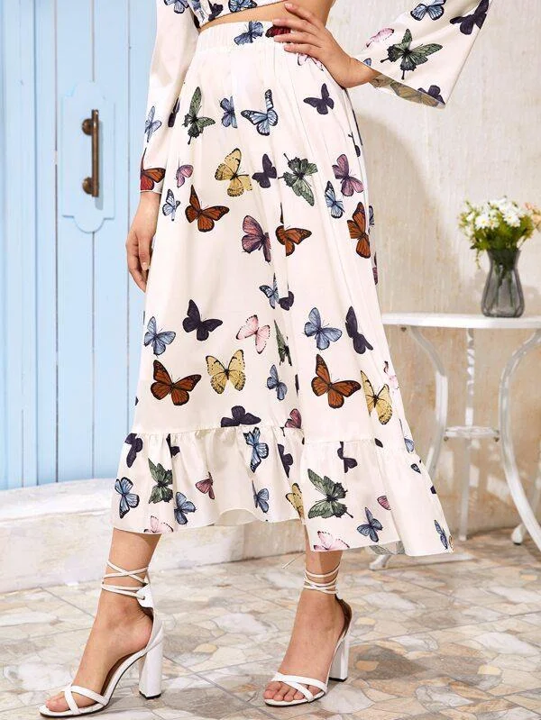 Ruffle Hem Butterfly Print Skirt linen skirt light