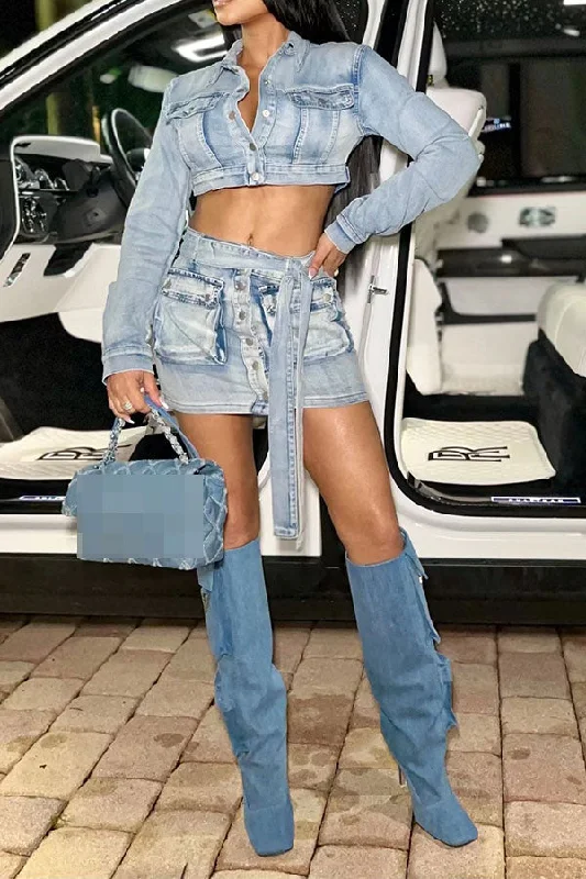 storexq Washed Denim Multi Pocket On-trend Belted Skirt Suit leather skirt refined