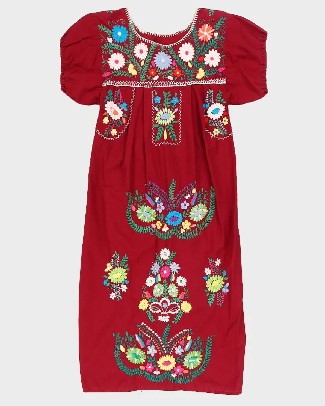 Burgundy Hand Embroidered Smock Dress - S