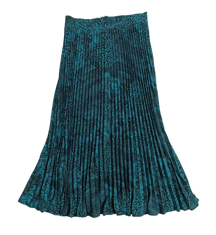 Women's Animal Print Pleated Midi Skirt In Teal Blue cashmere skirt plush