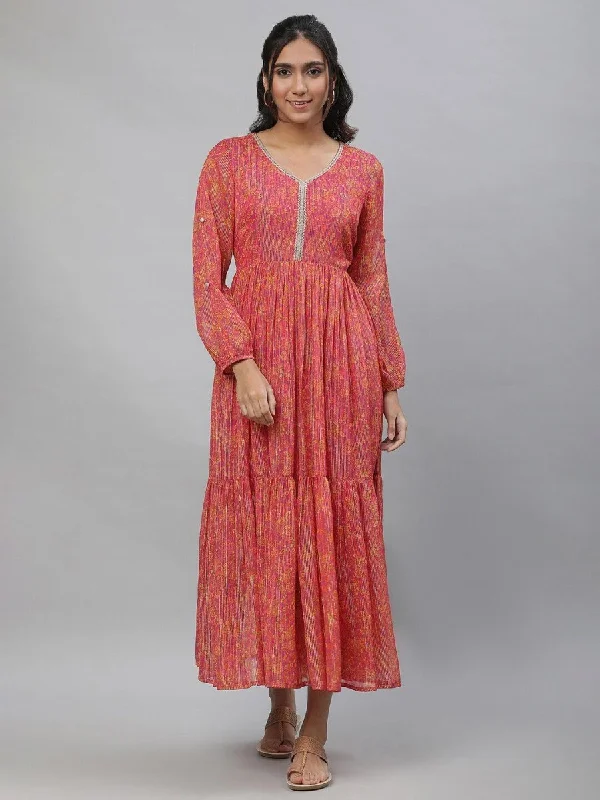 AURELIA Floral Printed Georgette Fit & Flare Tiered Maxi Ethnic Dress